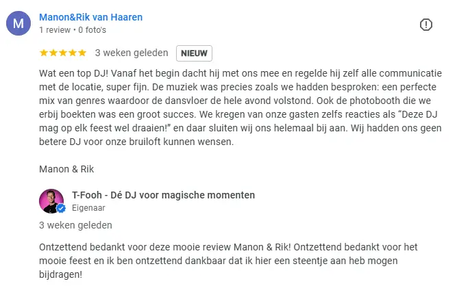 Review van Martijn van Leest op Google voor T-Fooh