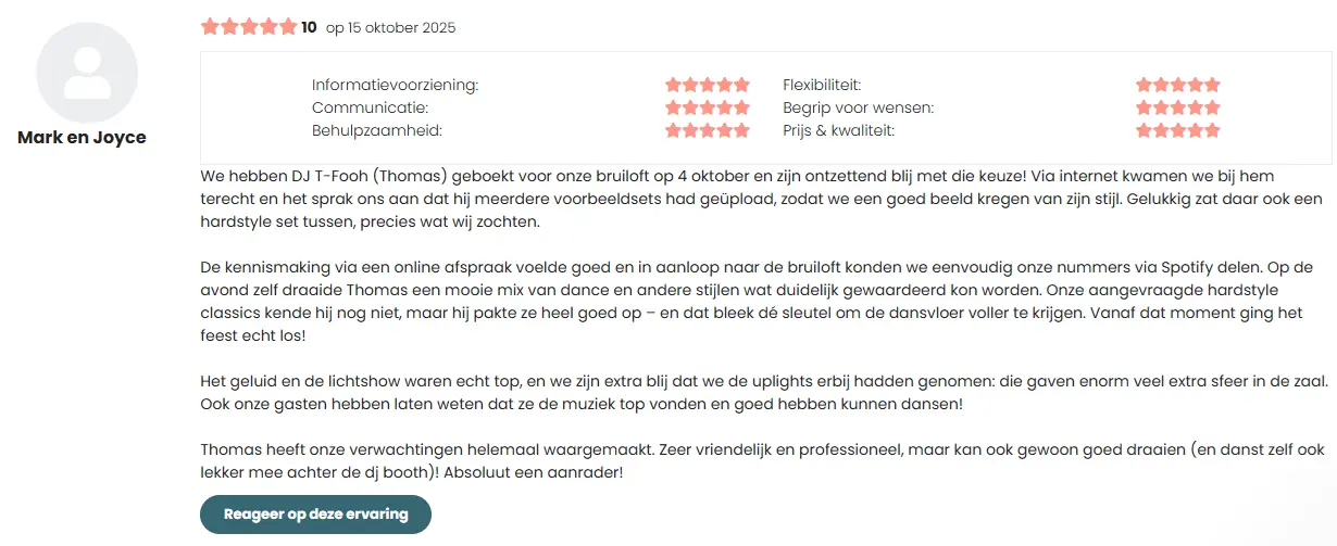 Review van Mark en Joyce op The Perfect Wedding voor T-Fooh