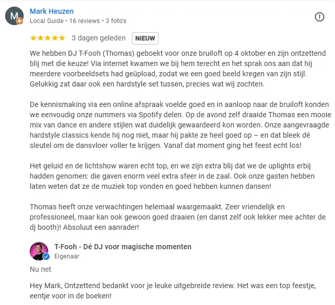 Review van Mark Heuzen op Google voor T-Fooh