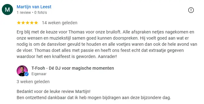 Review van Martijn van Leest op Google voor T-Fooh