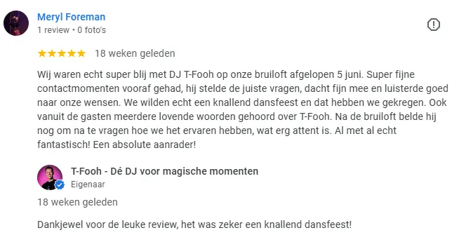 Review van Meryl Foreman op Google voor T-Fooh