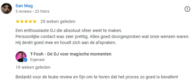 Review van San Mag (Fontys) op Google voor T-Fooh